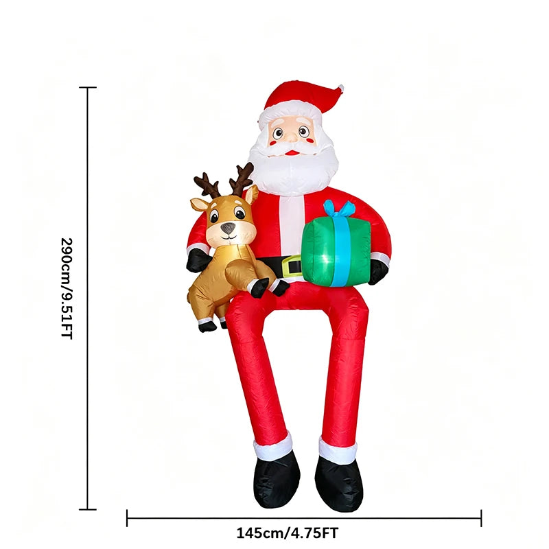9.5ft Sitting Santa Claus Xmas Holiday Decoration Inflatable Sitting Santa Placed on the Roof Ledge Giant Reindeer Toy with LED Lights Home Ornament Gifts Supplies for Kids Blow up Yard Decorations for Roof Party Garden Lawn