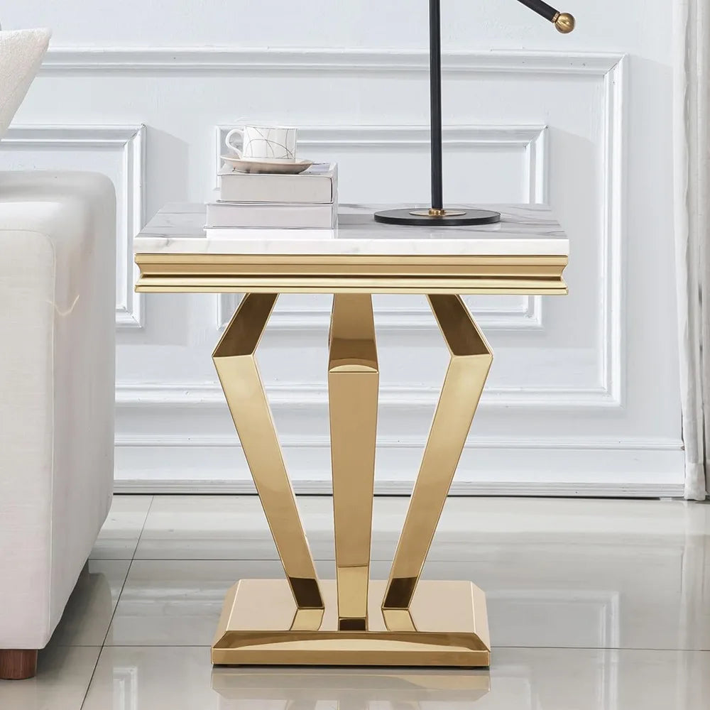 Square End Table, 22.8" Modern White Faux Marble Side Table with Golden Mirrored Finish