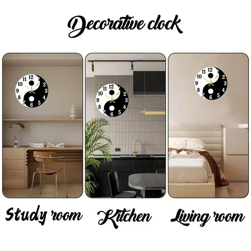 DIY 2D Flat Tai Chi Bagua Wooden Round Silent Hanging Wall Clock, Suitable For Living Room, Office, Study Room, Bedroom, Home Decoration
