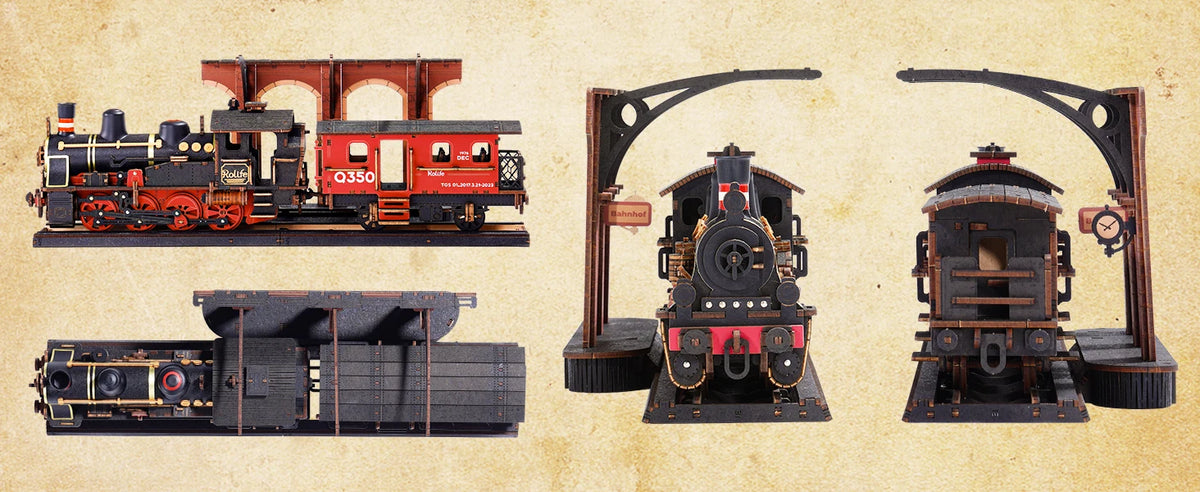 Rolife 3D Wooden Puzzle Steam Journey Mechanical Vehicle Model Building Kit DIY Puzzle Toys for Home Desk Decor Gifts for Adults