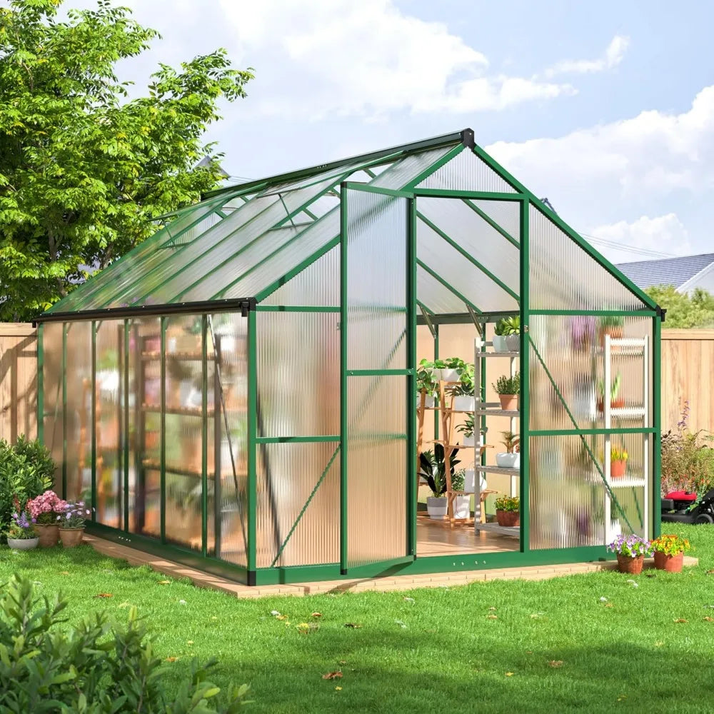 Greenhouse - 8x12 FT, Polycarbonate, Aluminum Frame, Roof Vent, Large Walk-in, Green