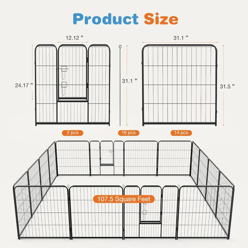 Dog Playpen Indoor - Pet Fence Exercise Pen for Yard Gate 16 Panels Foldable Puppy Playpens with Doors Metal Dog Pen