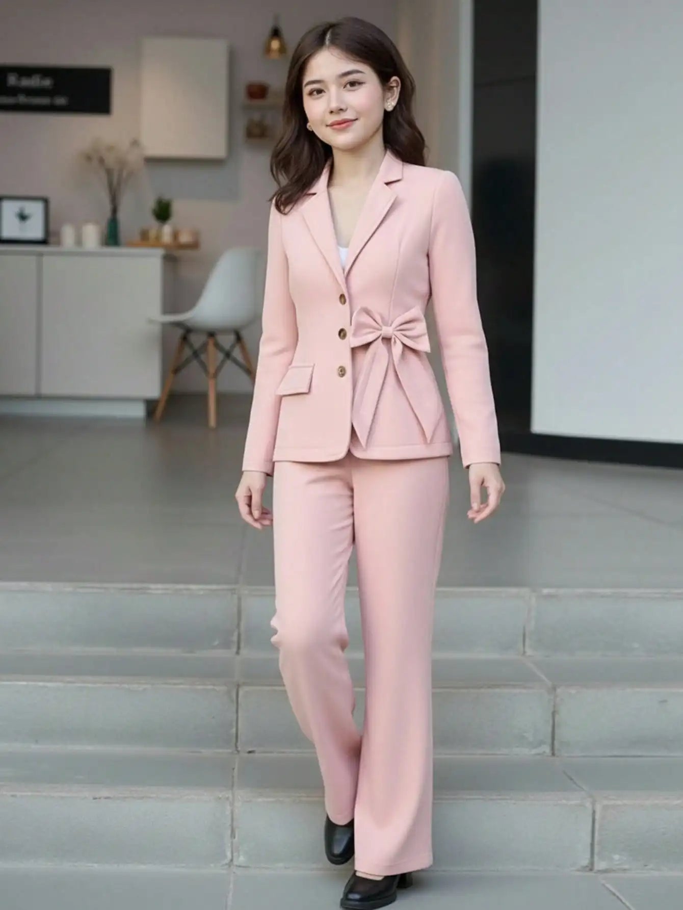 Pink Girls' Single-Breasted Blazer Set with Bow Detail, Wide-Leg Pants for Semi-Formal Occasions