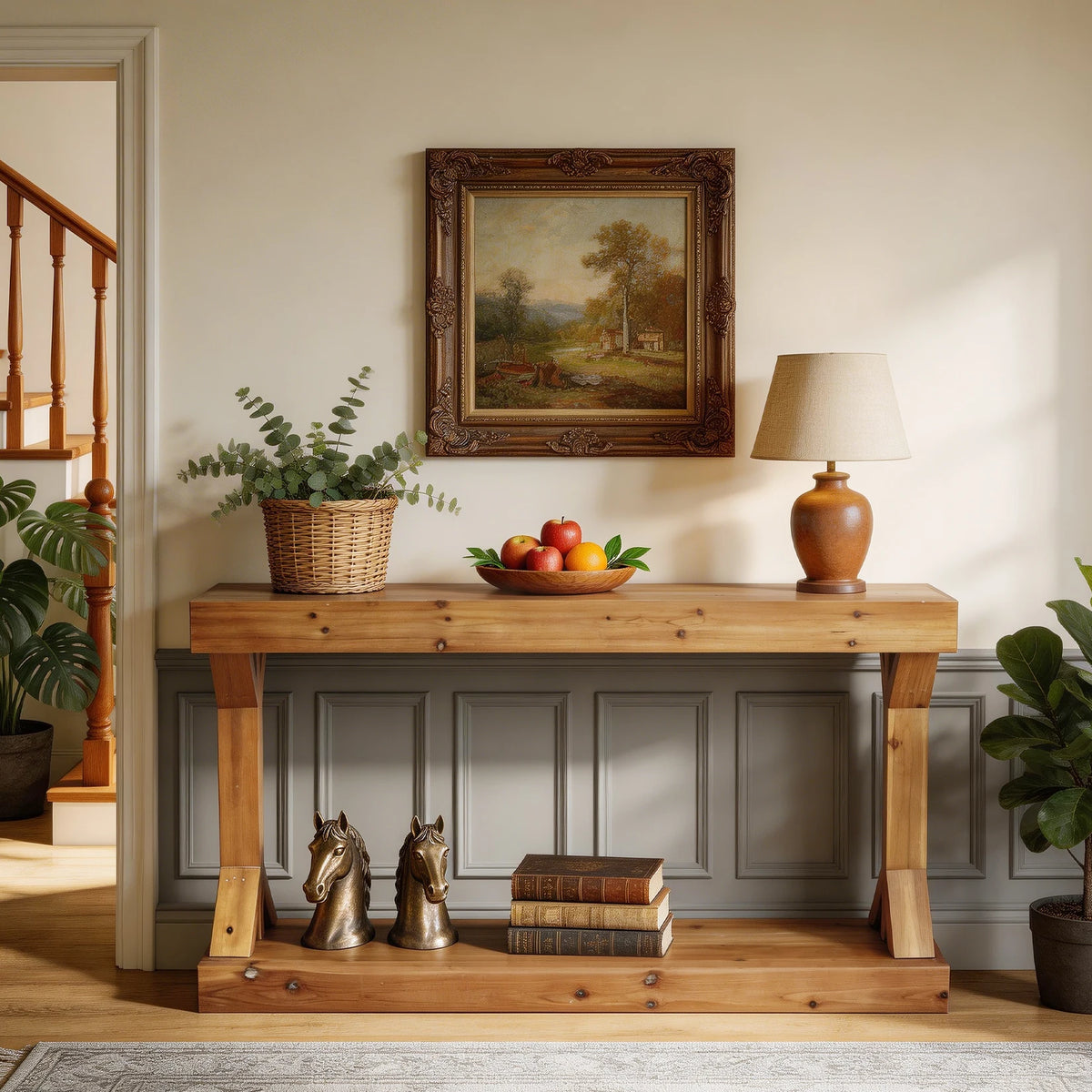 120cm Farmhouse Console Table With Shelf Solid Fir Wood Entryway Sofa Table