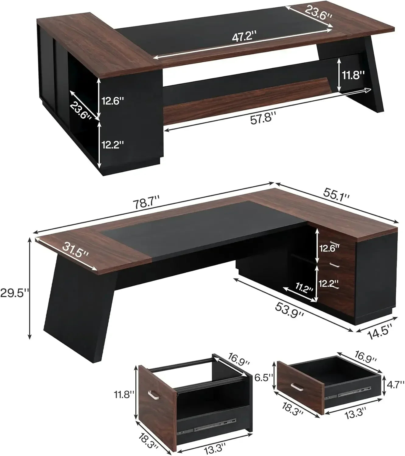 78" L-Shaped Executive Desk, Large Office Desk with Drawers and Lateral File Cabinet, Business Furniture with Storage Shelves