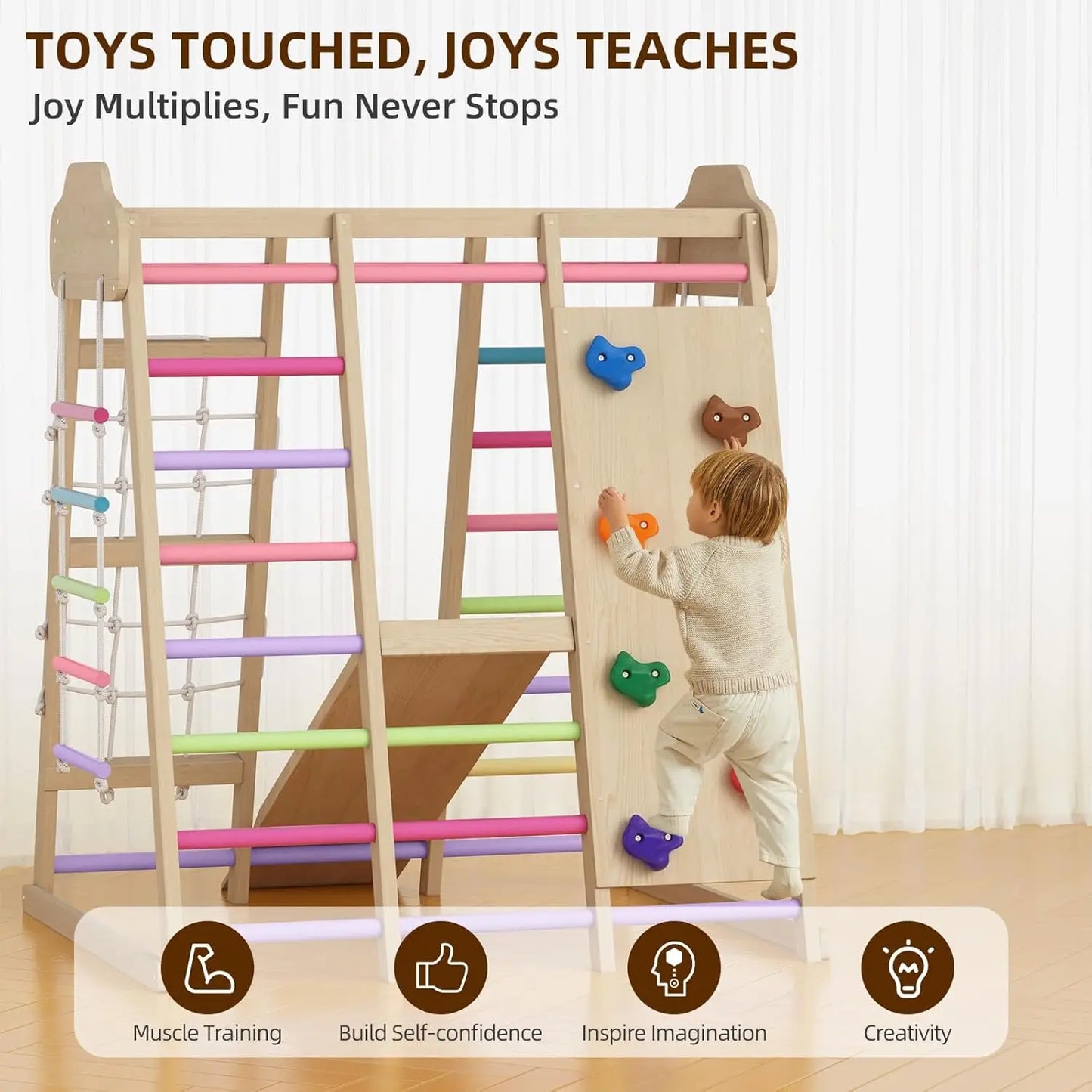 9 in 1 Wooden Indoor Playground: Slide, Swing, Rope Ladder, Climbing Net, Rock Wall, DIY Name Stickers