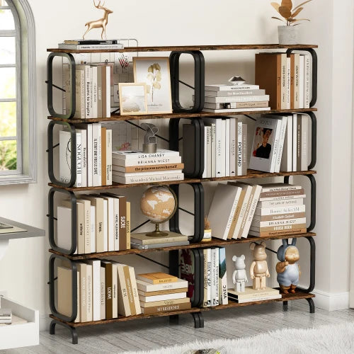 5-Tier Industrial Bookshelf - Rustic Brown, Open Wood & Metal Design, Vintage Storage Organizer