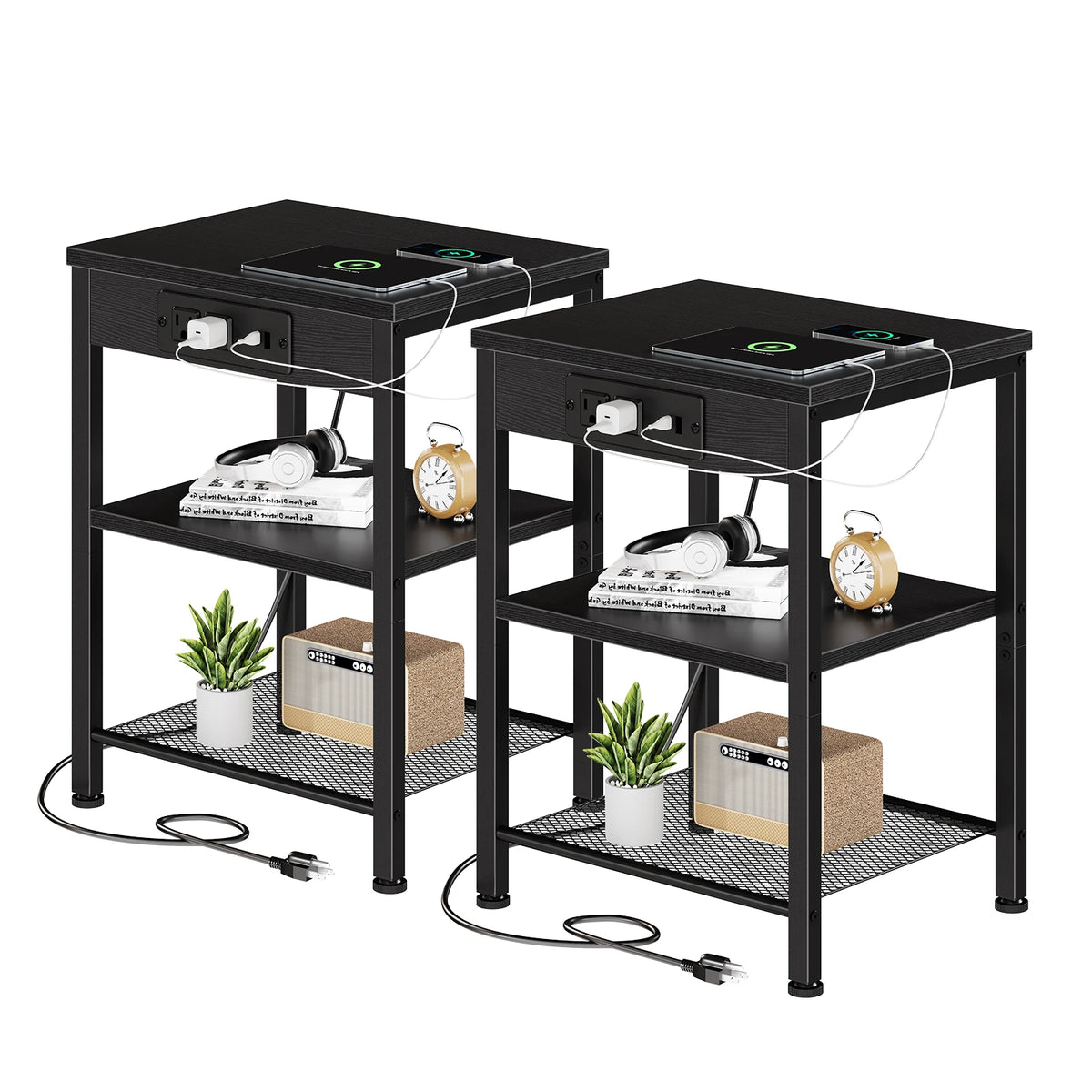 JHK 3 Tier Side Table Nightstand with Charging Station and USB Ports