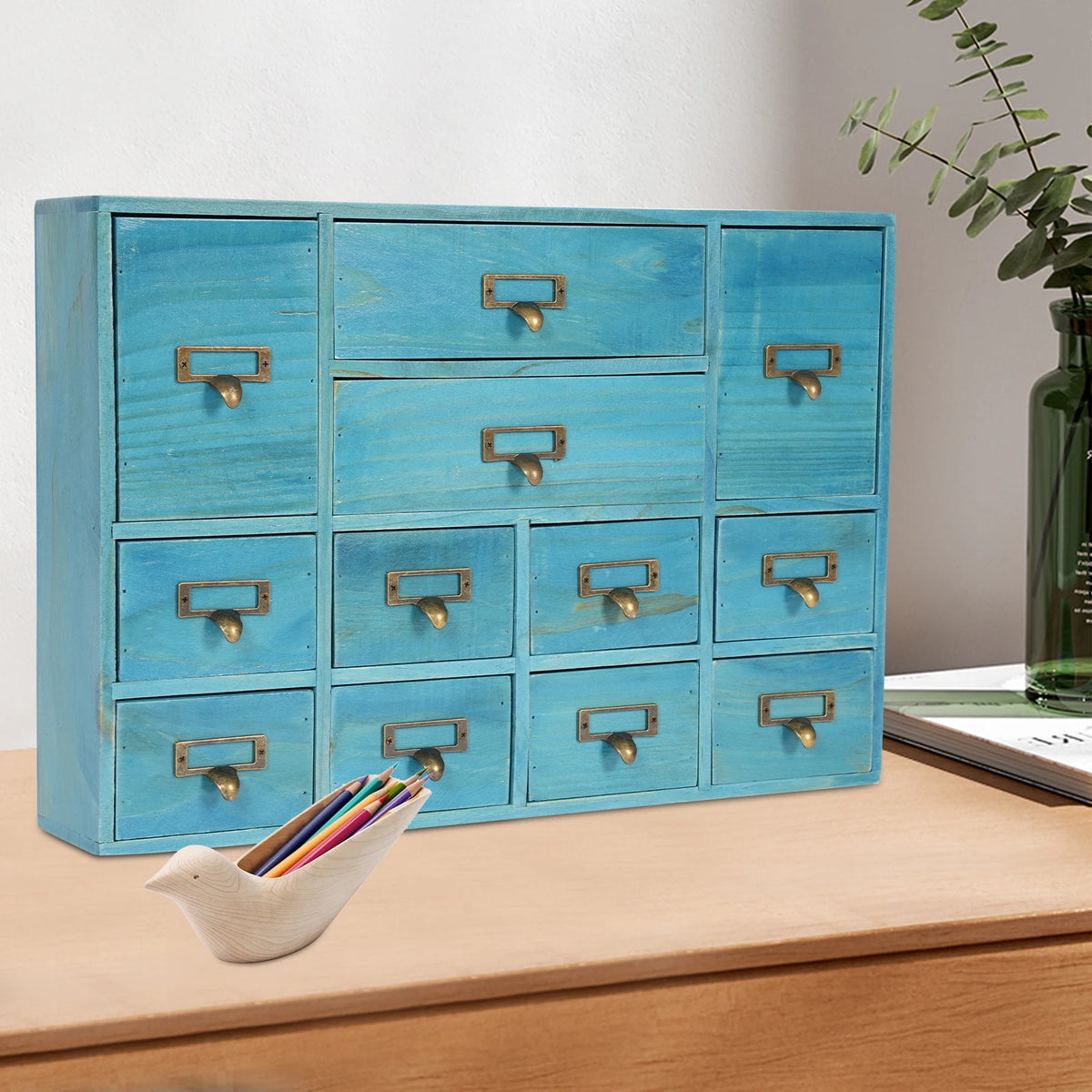 Desktop Drawer Organizer 12 Drawers, Wooden Desk Storage Box with Label Slots, Multipurpose Countertop Small Parts Cabinet, Office Craft Jewelry Art Supplies Home Counter Cosmetics Dock, No Assembly Needed, Brown/Black/Pink/B