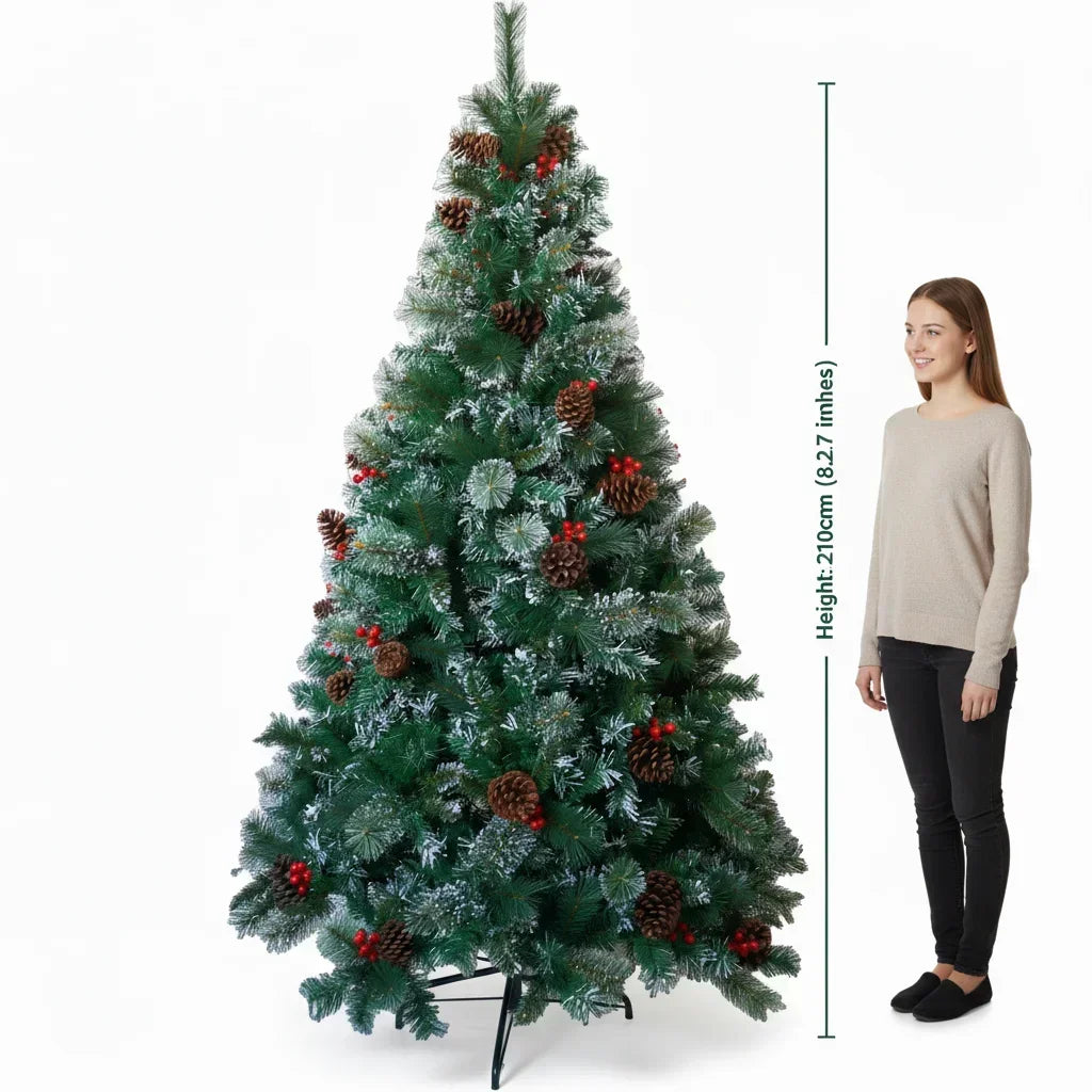 7FT Unlit Artificial Christmas Tree w/ Pinecones and Red Berries,Full Realistic Spruce Xmas Holiday Decor,Easy Setup Metal Stand