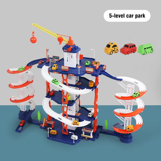 Children's Rail City Parking Building Double Slide Car DIY Construction Track Parking Lot Puzzle Splicing Kids Toys Boys Game