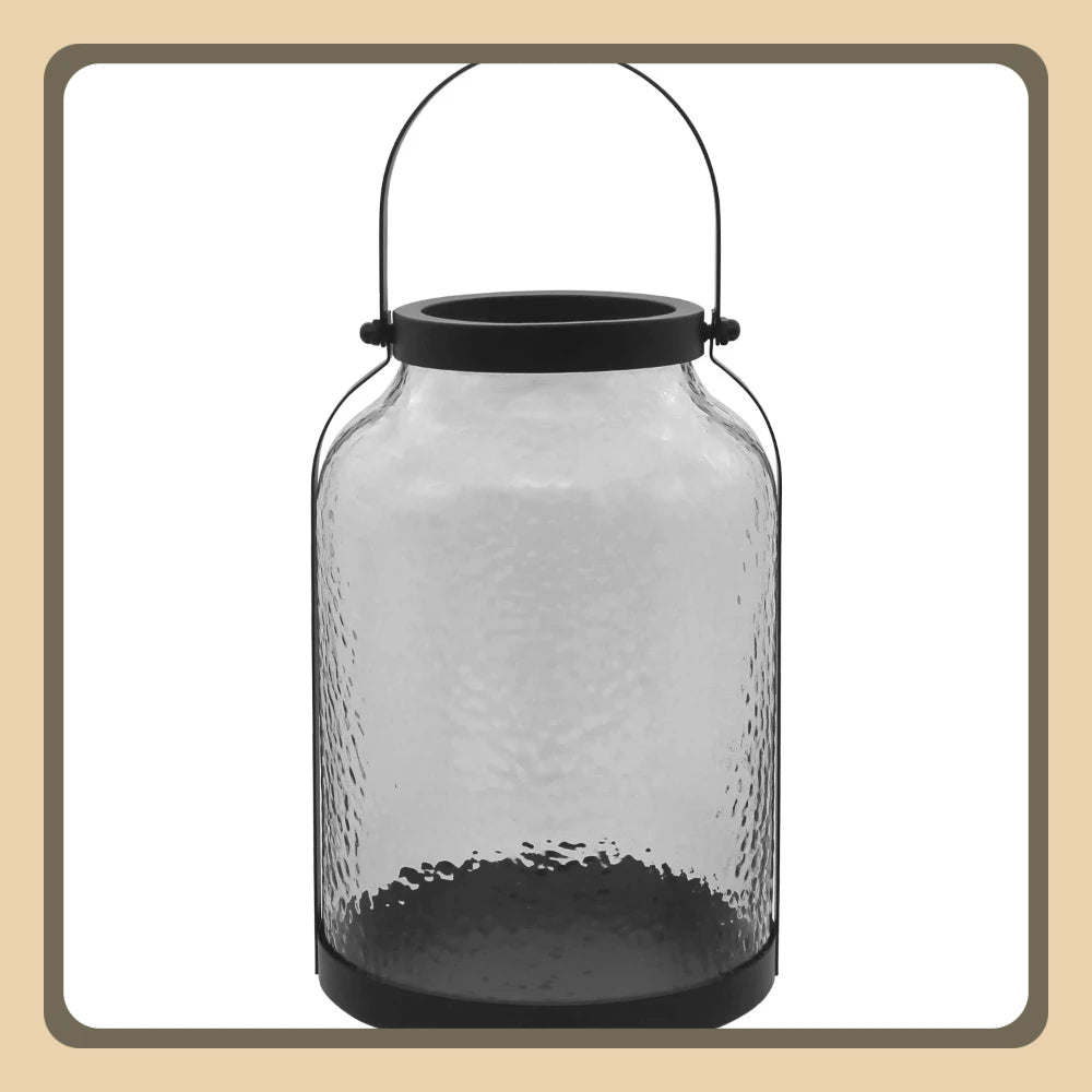 Black Metal Hammered Glass Candleholder Lantern, 11", Large