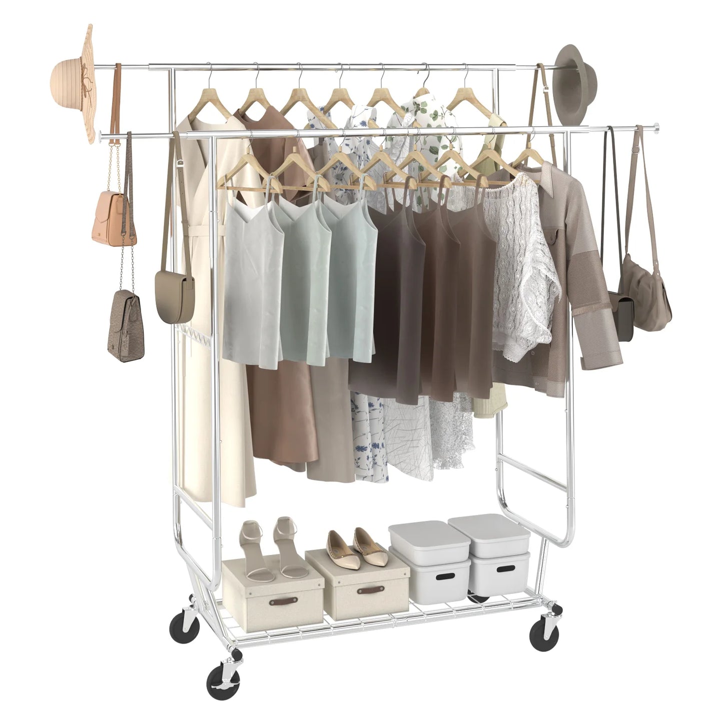 SucceBuy Clothing Garment Rack Heavy Duty Clothes Rack Adjustable Length Clothes Rack w/ Bottom Shelf & Wheels for Laundry Room
