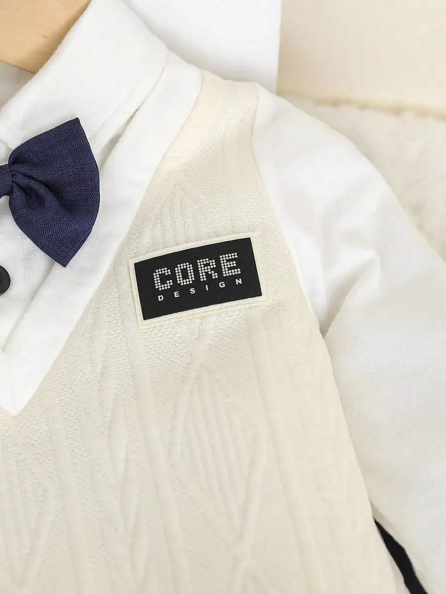2-Piece Baby Boy Formal Outfit: Knit V-Neck Sweater with Bow Tie + Elastic Waist Pants