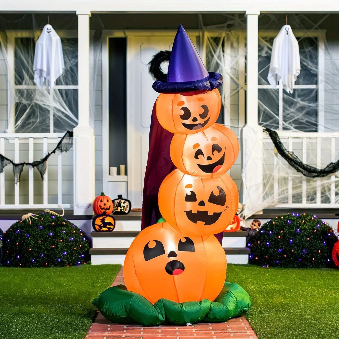 6 FT Halloween Inflatables Outdoor Decorations Blow Up Yard Decorations Inflatable Pumpkins with Witch Hat with Build-in LEDs, Stacked Pumpkins Blow Ups for Yard Halloween Decor Photobooth Props