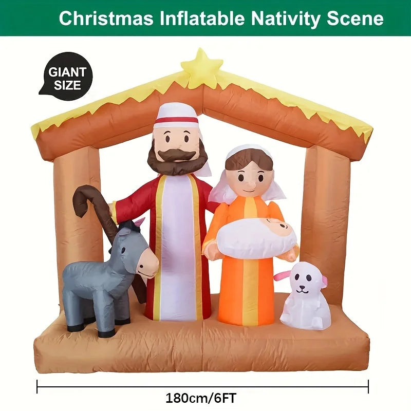 6FT LED Light Up Nativity Scene Inflatable Christmas Decoration with Holy Family Donkey and Sheep Blow Up Outdoor Toy Yard Decor for Garden Lawn Porch Church Xmas Holiday Party Home Ornament Gift