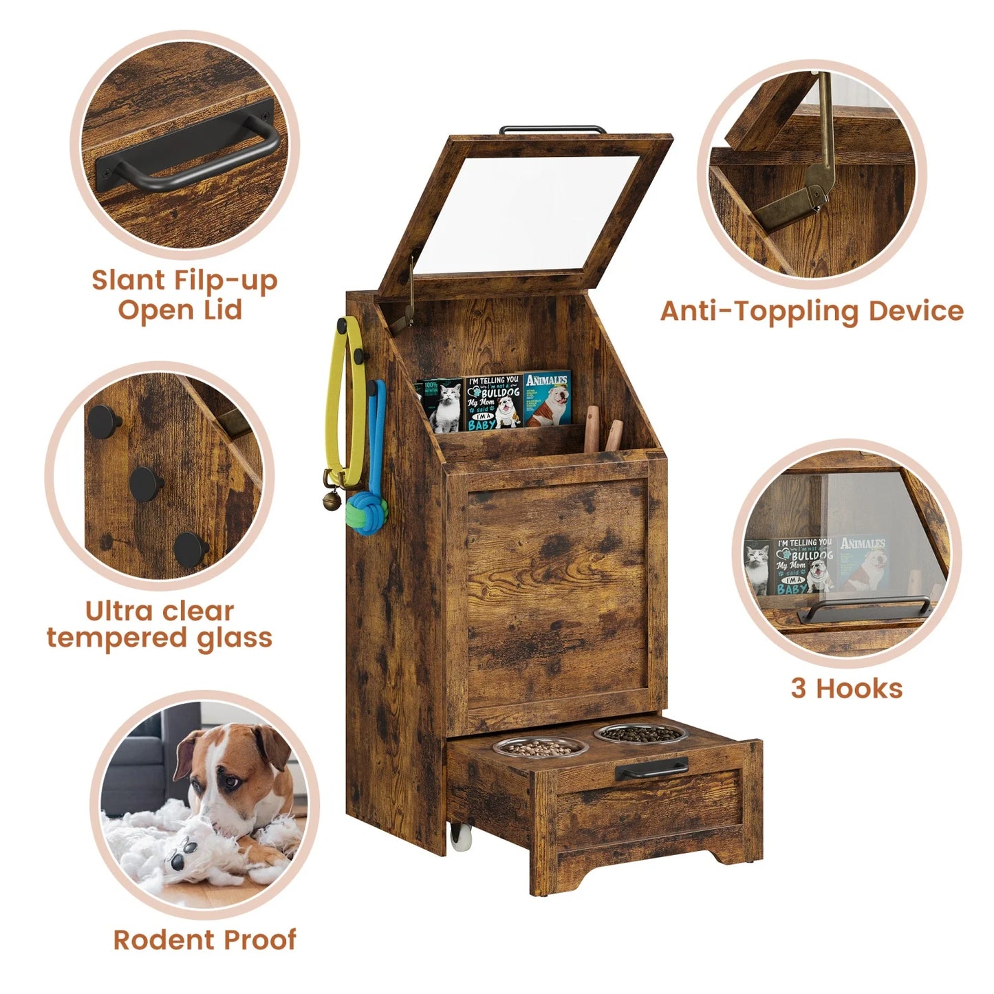 Pet Food Cabinet Flip Top Dog Food Storage Cabinet,Dog Feeding Station with 2 Elevated Bowls, Pet Toy Storage Organizer