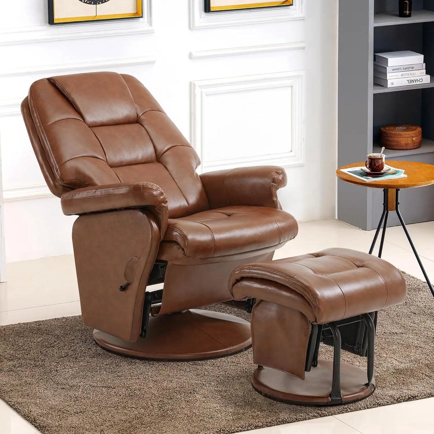 Swivel Glider Recliner Chair with Ottoman, Adjustable Back Faux Leather Lounge, Living Room Bedroom, Brown, Customized