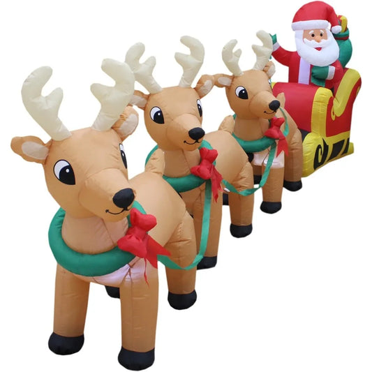 Hot Sale.12 Foot Long Lighted Christmas Inflatable Santa Claus on Sleigh with 3 Reindeer and Christmas Tree Yard Decoration-NEW