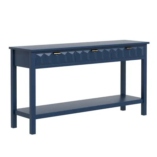 60 Inch Pine Veneer Entryway Console Table with Honeycomb Fronts and 3 Drawers