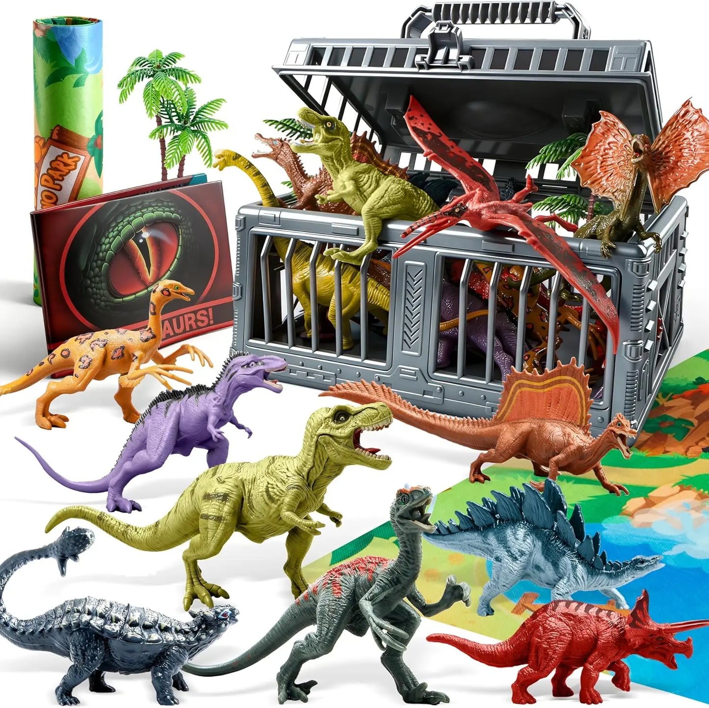 17 PCS Dinosaur Toys Set with Play Mat & Storage Cage, Realistic Figures for Kids Ages 3-5