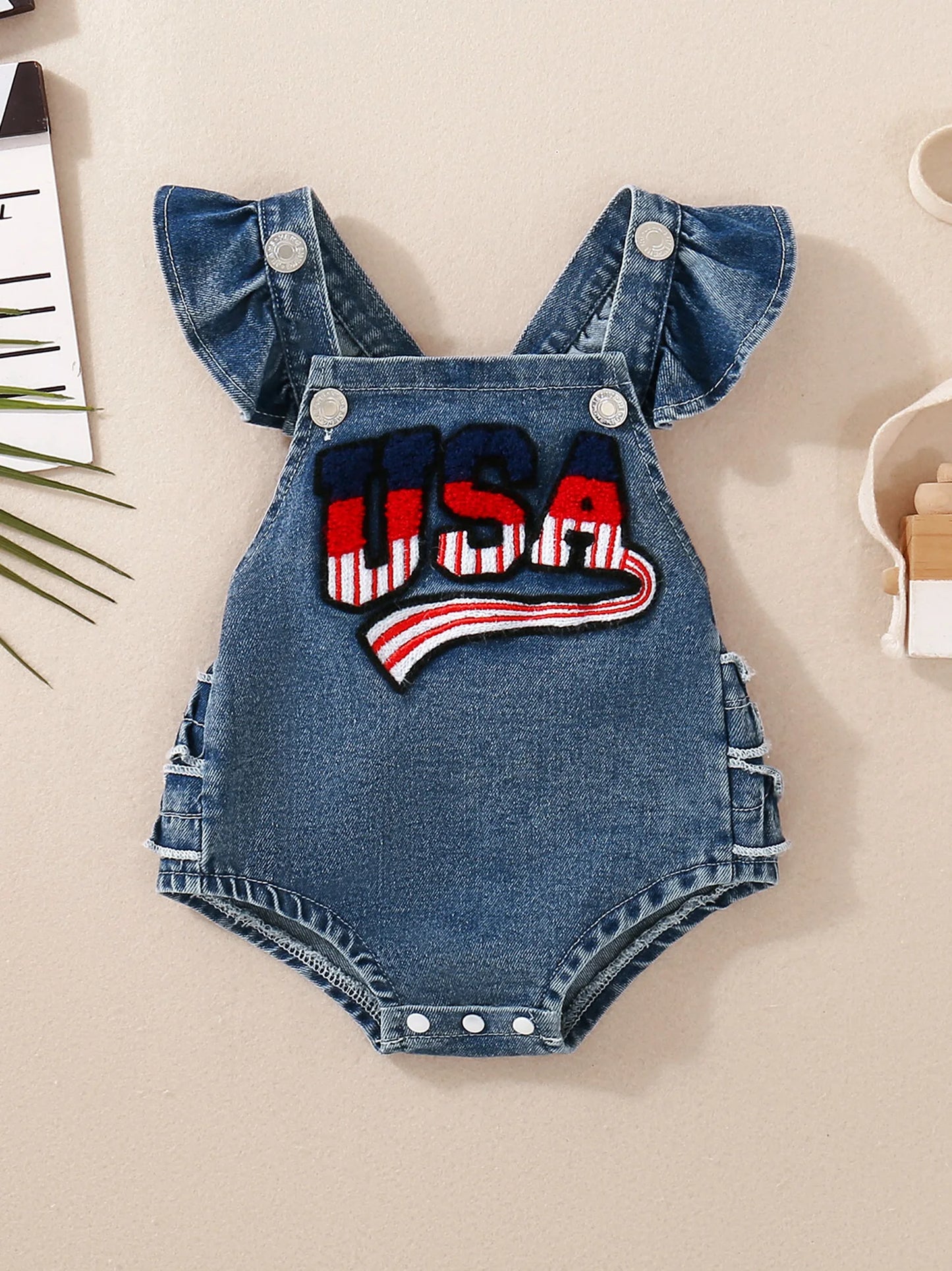 Toddler Boys American Flag Romper Short Sleeve Jumpsuit with Matching Headband Set Independence Day Outfit for Kids