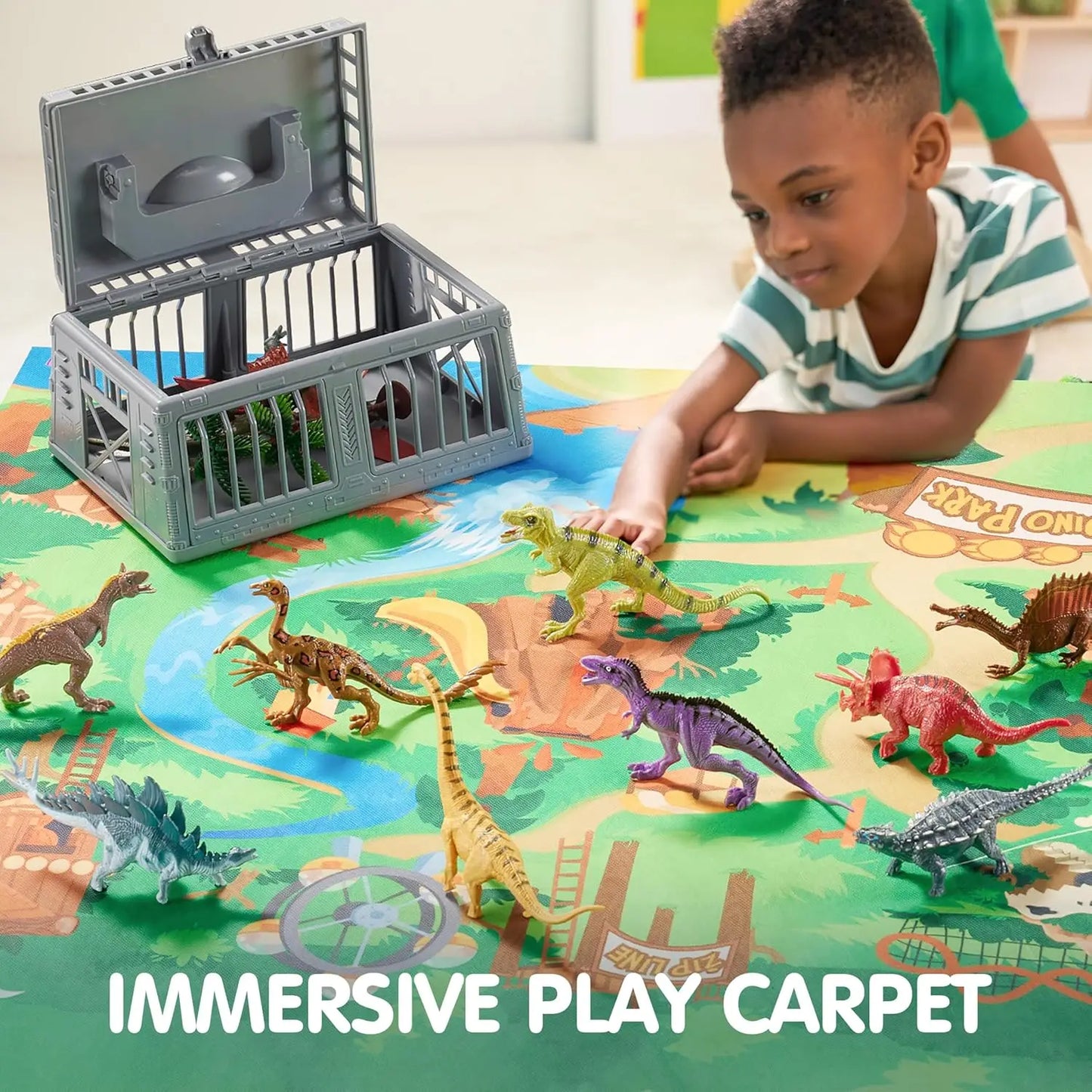 17 PCS Dinosaur Toys Set with Play Mat & Storage Cage, Realistic Figures for Kids Ages 3-5
