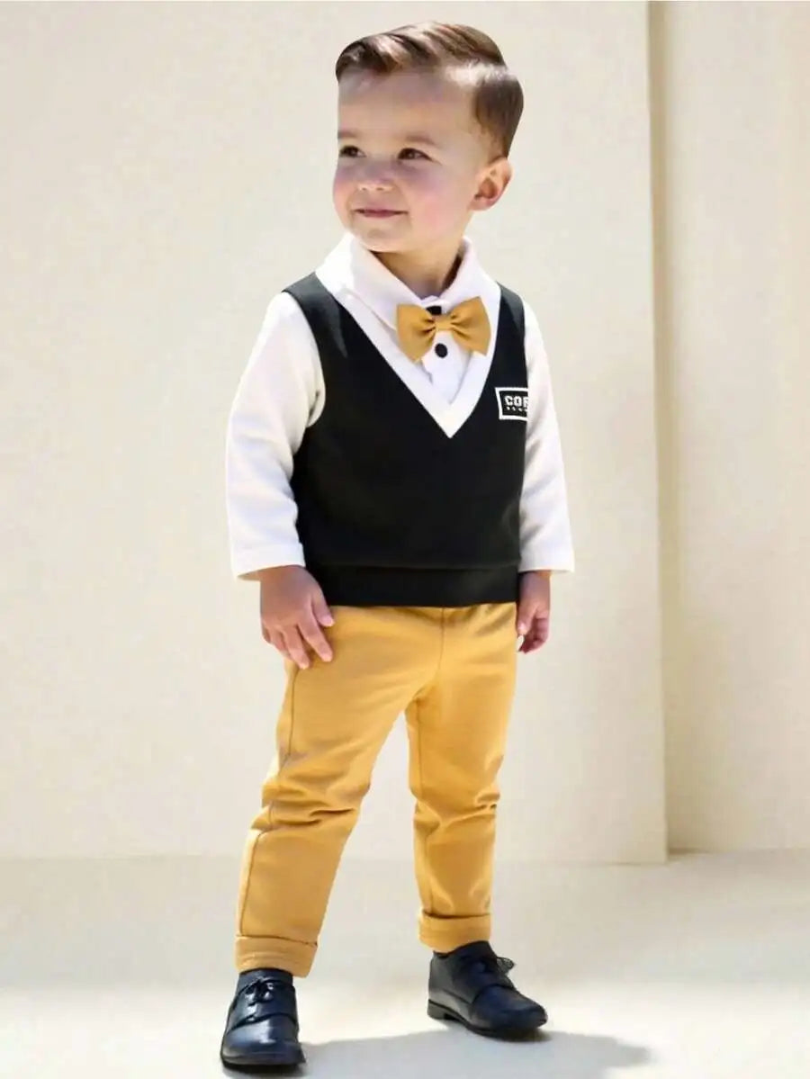 2-Piece Baby Boy Formal Outfit: Knit V-Neck Sweater with Bow Tie + Elastic Waist Pants