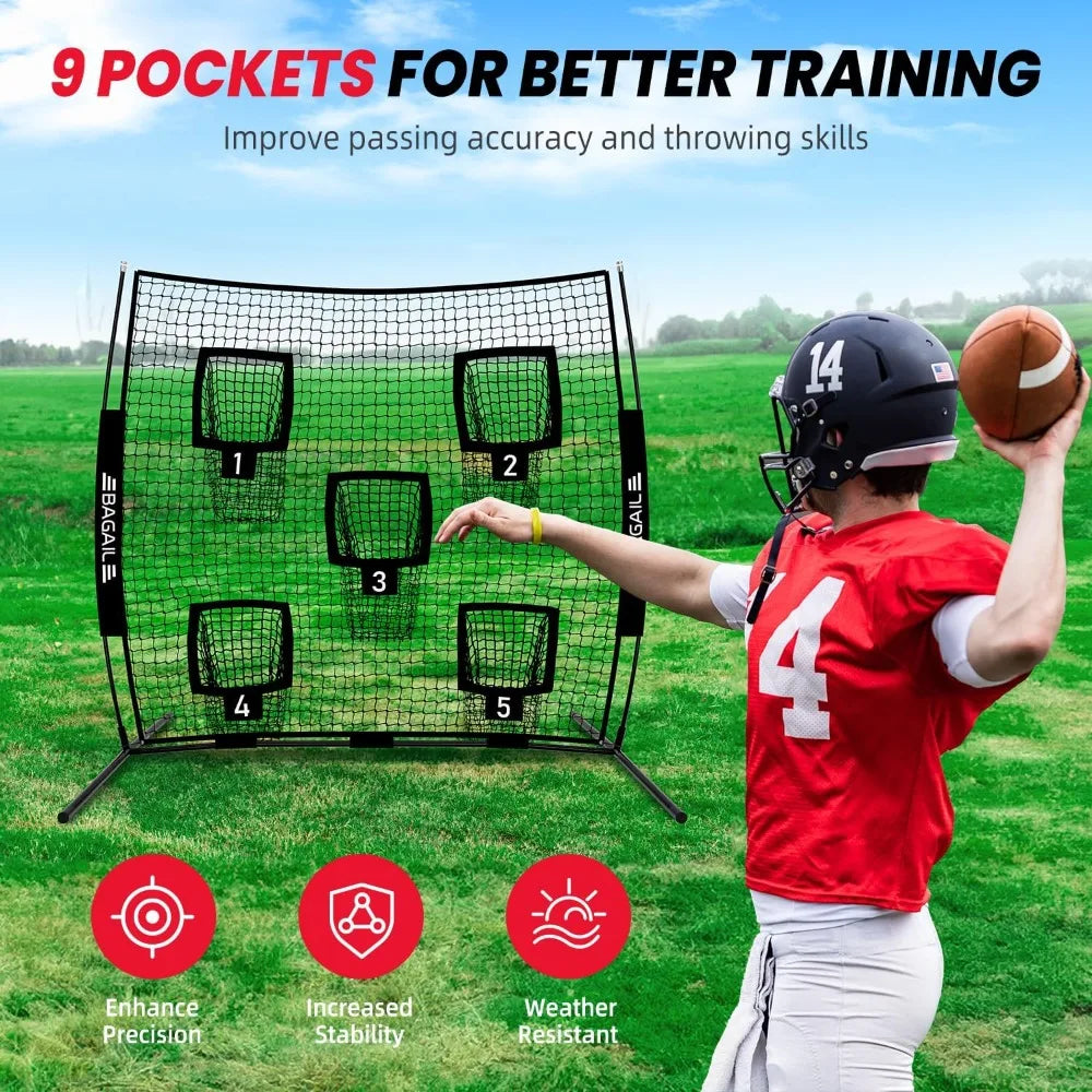 Football Throwing Net - 5 or 9 Target Pockets, Easy Setup, Heavy-Duty, Portable QB Accuracy Trainer with Carry Bag