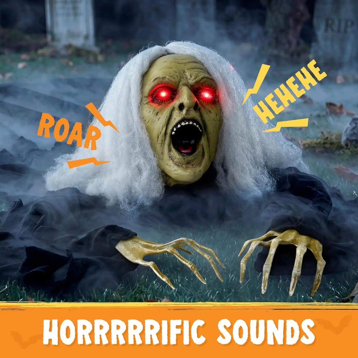 JOYFY Zombie Halloween Decoration Outdoor Witch Groundbreaker Halloween Graveyard Decor Outside, Scary Zombie Props with Sound Effect & Lighted Eyes for Haunted House, Lawn Yard Decorations