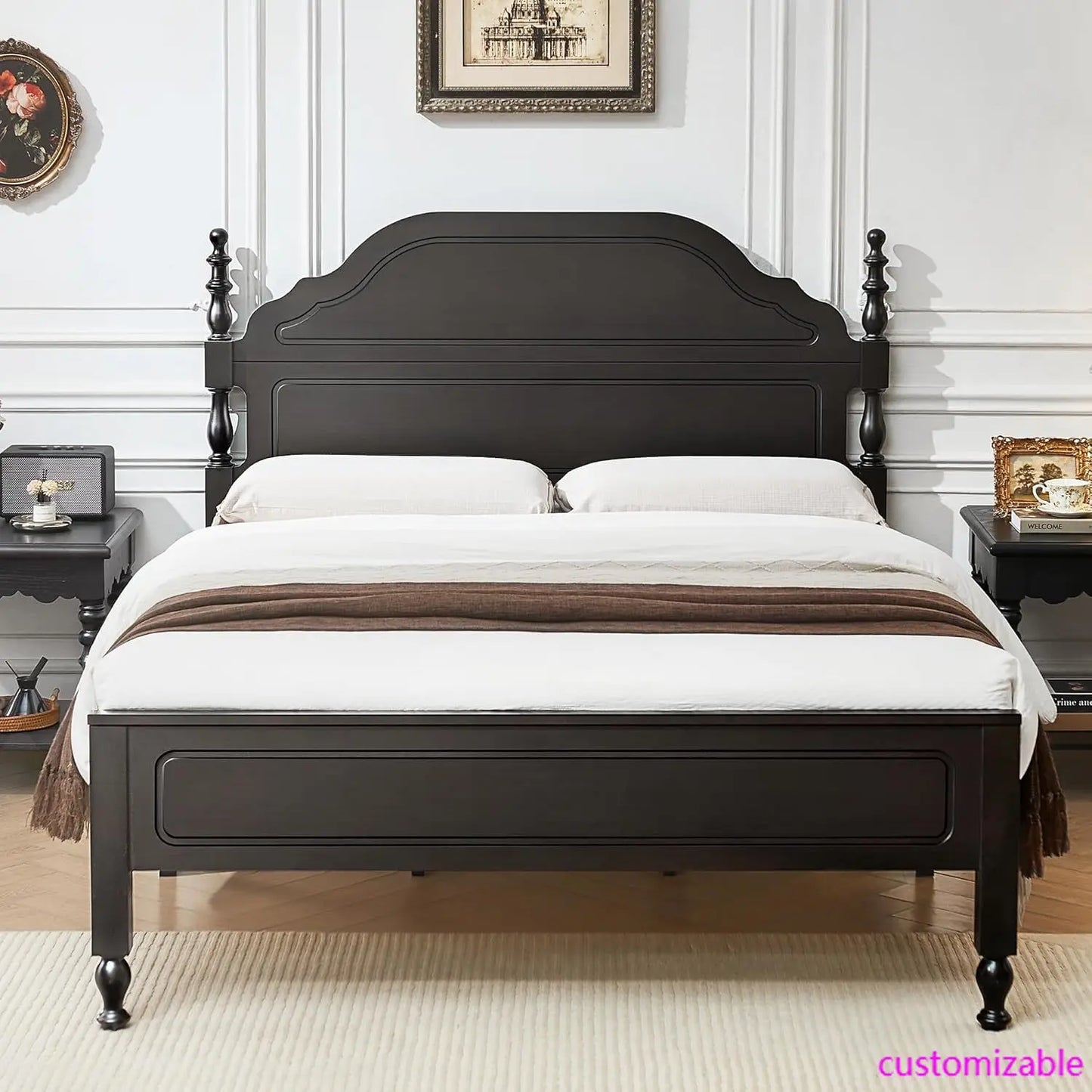 Solid Wood Bed Frame Queen Size, Wooden Retro Style Queen Bed Frame with Headboard and Footboard, Heavy Duty Bed Frame