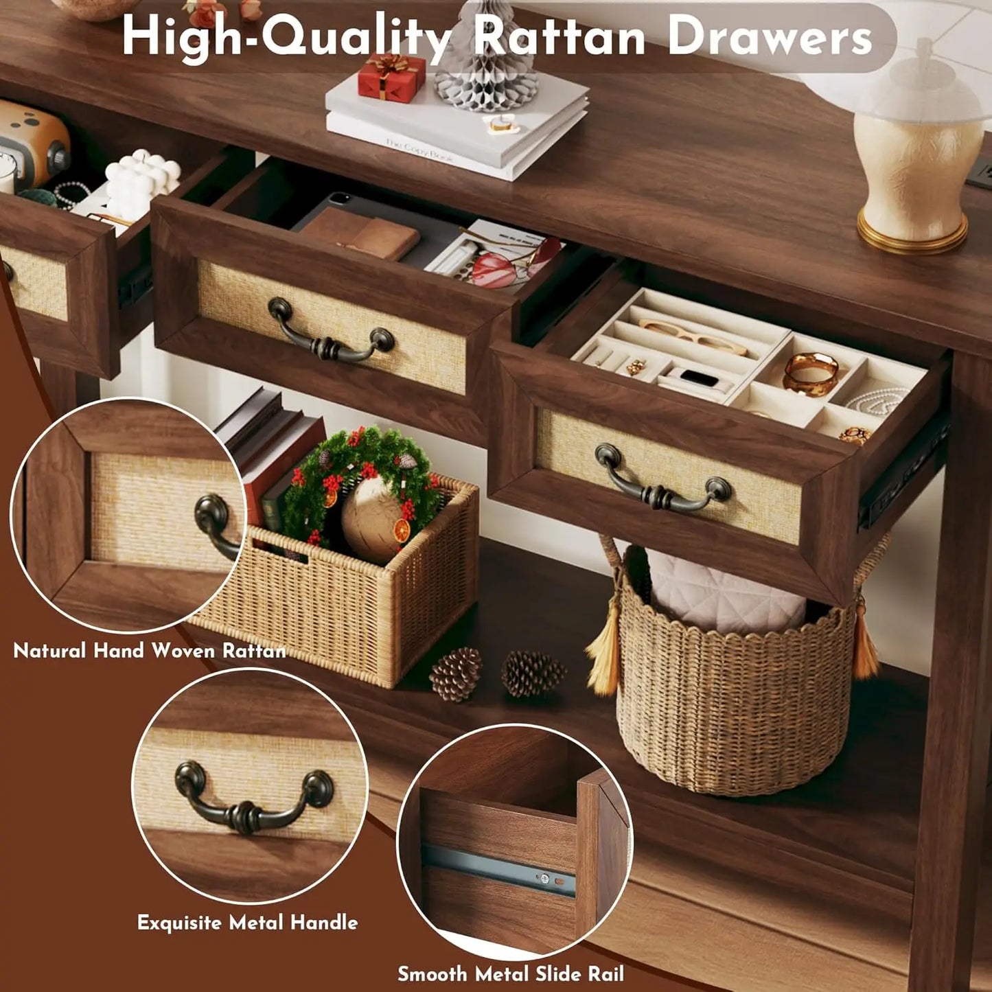 47.2" Console Table with 3 Rattan Drawers, Long Sofa Table with Storage Behind Couch, Farmhouse Entryway Table with, Customized