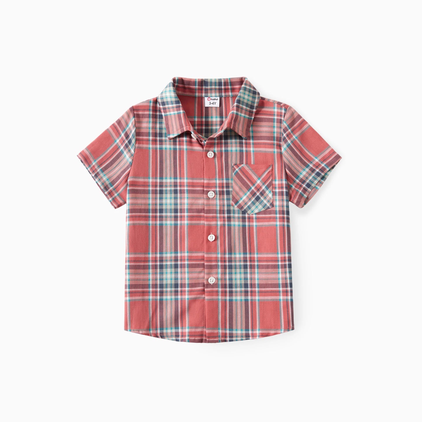 PatPat Family Matching Plaid Shirt and Pink Cotton Shirred Back Lace Waist Flutter Strap Dress Sets