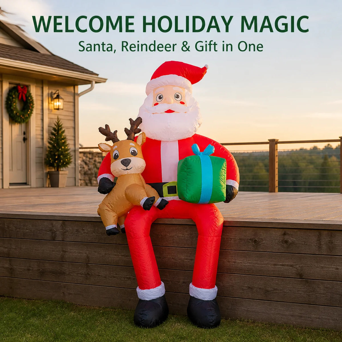 9.5ft Sitting Santa Claus Xmas Holiday Decoration Inflatable Sitting Santa Placed on the Roof Ledge Giant Reindeer Toy with LED Lights Home Ornament Gifts Supplies for Kids Blow up Yard Decorations for Roof Party Garden Lawn