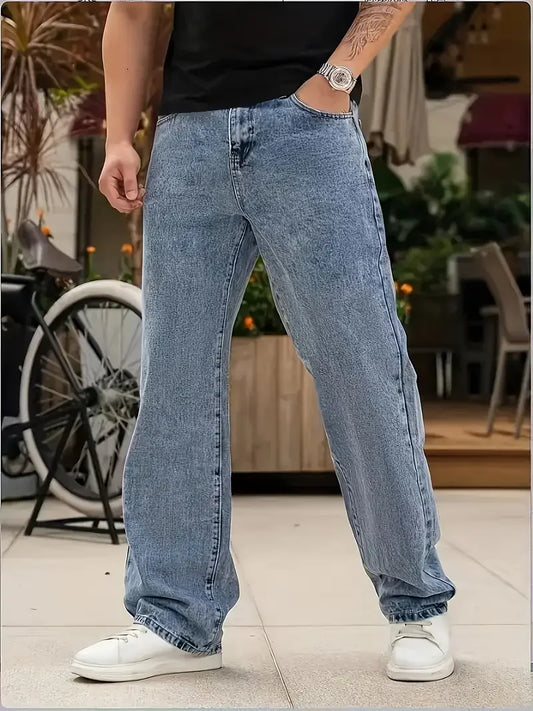Men's Loose Fit Straight Leg Jeans - 65% Cotton 35% Polyester Blend, 390gsm Heavyweight Fabric, Japanese & Korean Streetwear Sty
