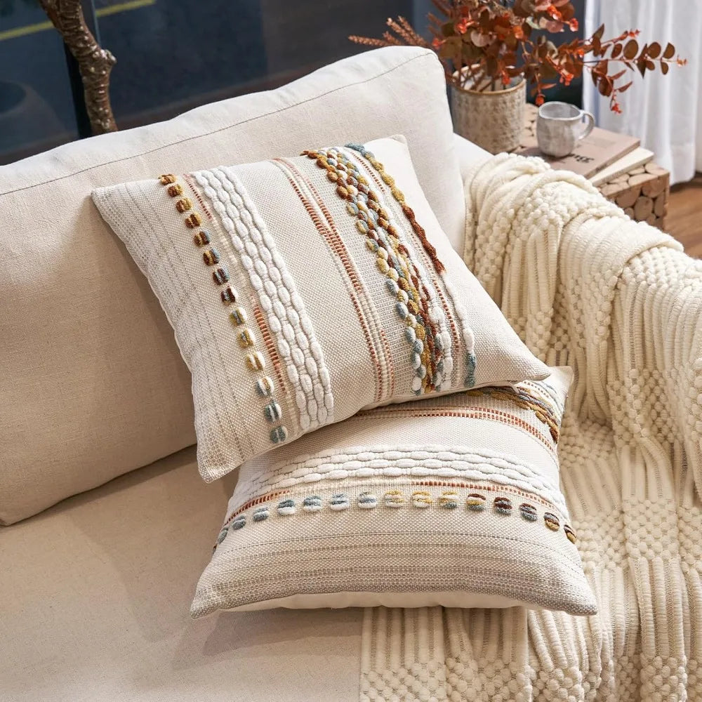 Boho Striped Chenille Tufted Pillow Covers 18x18 Set of 2 Orange White Neutral Decorative for Couch Bed