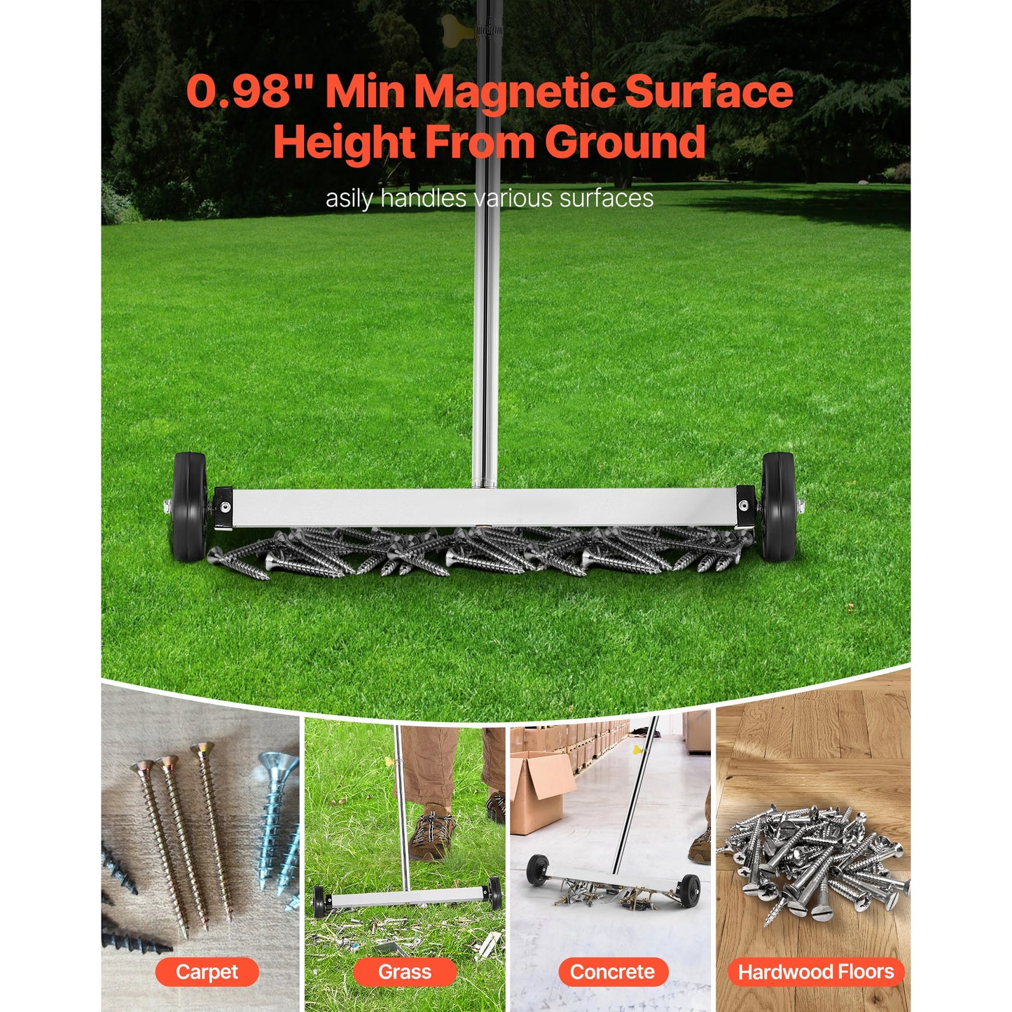 SucceBuy Magnetic Sweeper with Wheels 17 inch 10 lbs Load Capacity with Adjustable Handle, Pick Up Nails and Screws for Garages
