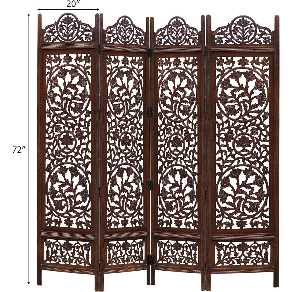 Kamal Antique Brown Room Divider with 4 Folding Panels - 72 x 80 Hand Carved Portable Screen, Reversible Functional Design