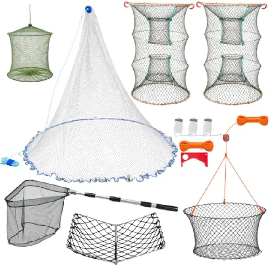 Fishing Crabbing Kit for Summer Pier Beach Use: Nylon Cast Net, Galvanized Steel Traps Lines, Blue Crab Cage, Green Butterfly N