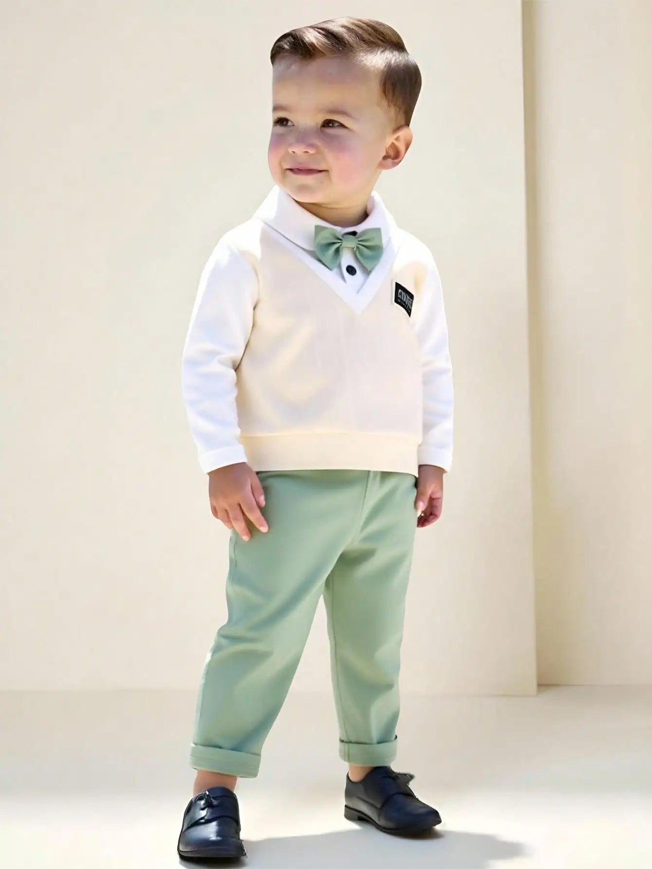 2-Piece Baby Boy Formal Outfit: Knit V-Neck Sweater with Bow Tie + Elastic Waist Pants