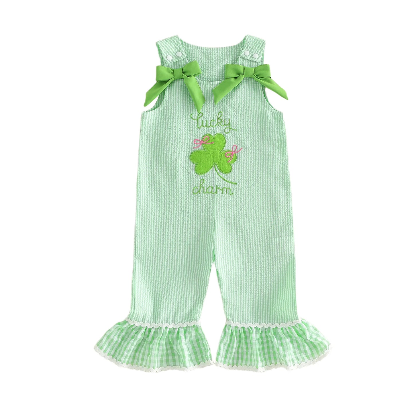 Stylish Girls St Patrick s Day Overall Jumpsuit with Sleeveless Design Embroidered Clover Detail and Flared Pants