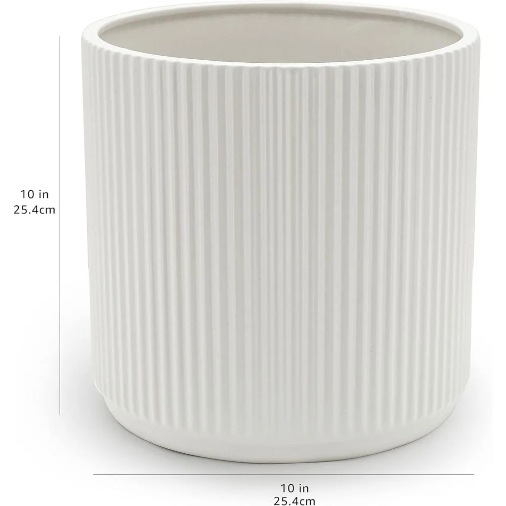 Fluted Ceramic Round Planter with Drainage Hole Indoor Outdoor Flower Pot 10 inch White
