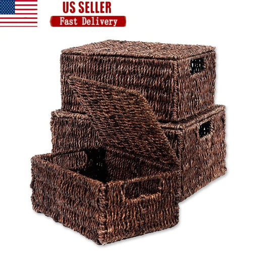 Seagrass Storage Baskets Set of 3 with Lids Organizing Bedroom Laundry Kitchen Natural Earthy Style