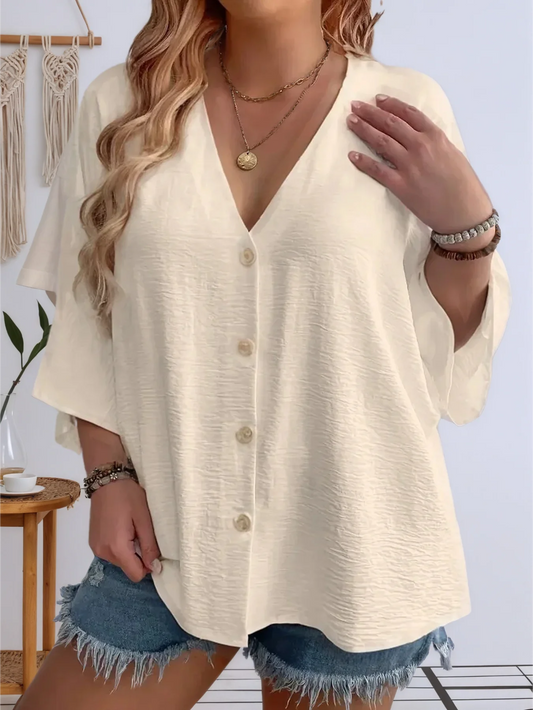 Plus Size Woman Casual T-shirt Solid Color Breathable Spring/summer V-neck Button Travel Wear American Style Female Clothing