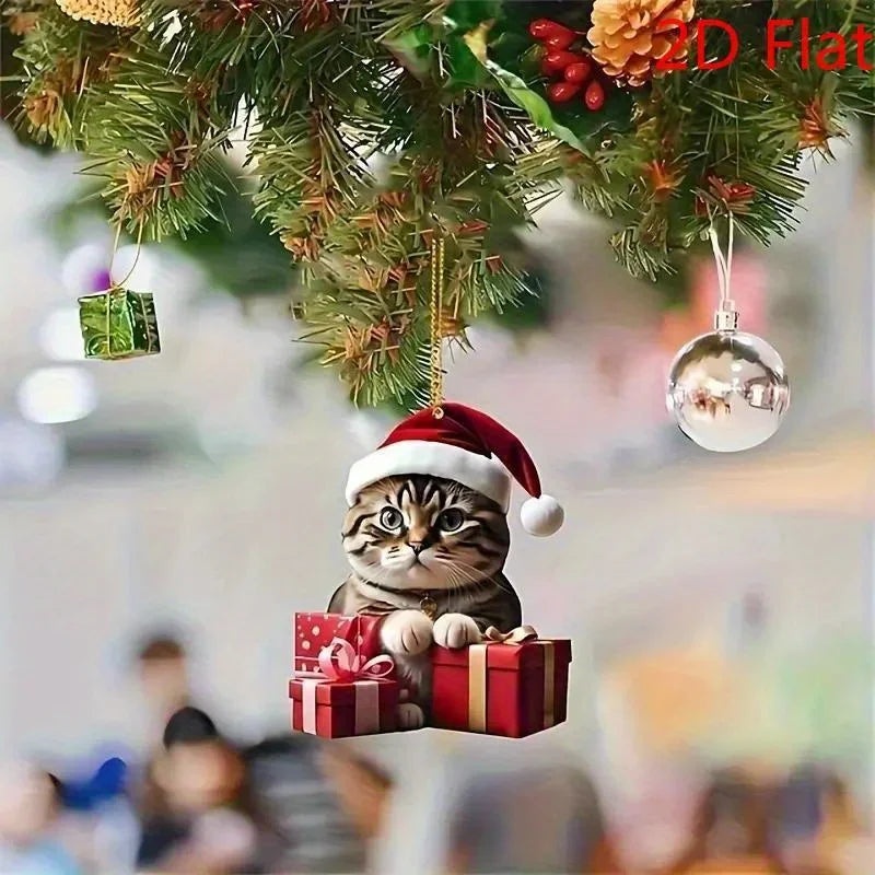 2D  6Pcs Cat Christmas Ornaments - Acrylic Festive Kitty Decor with Santa Hats