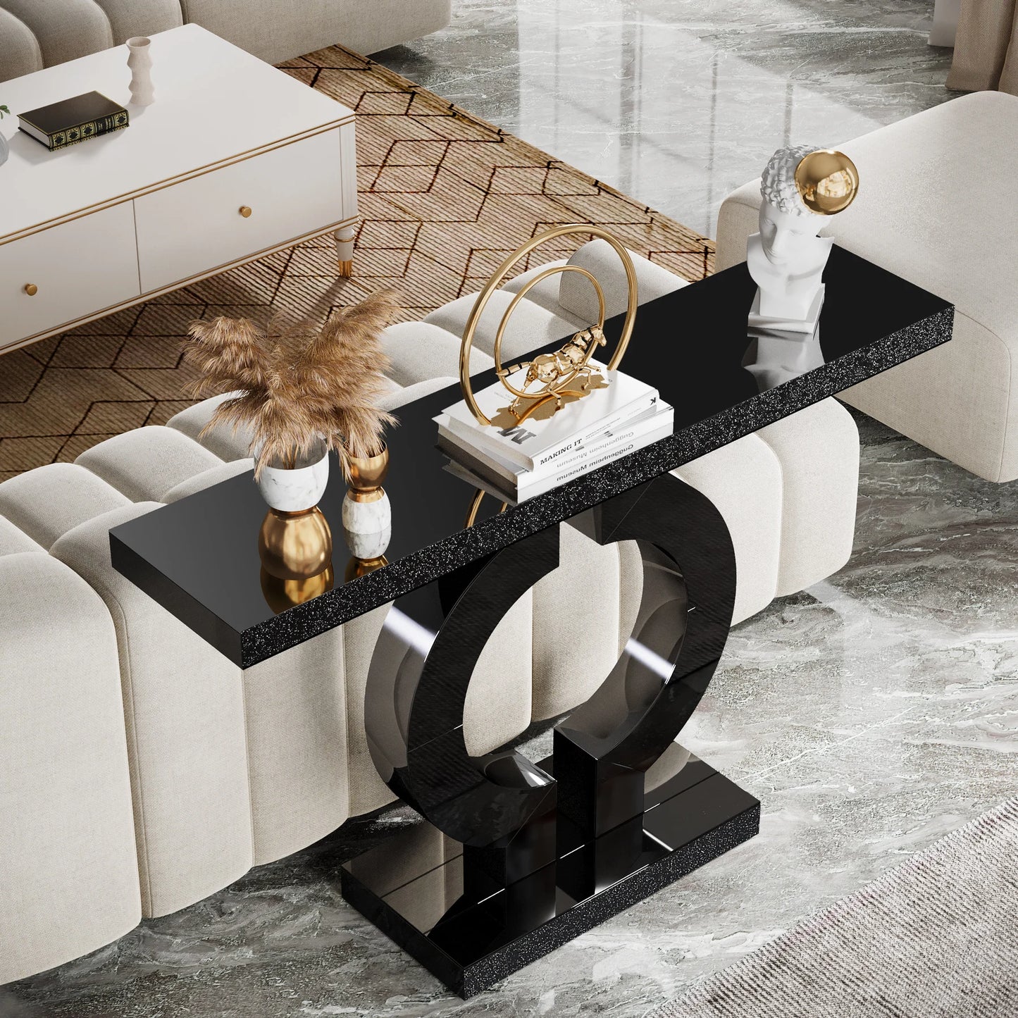 43-Inch Modern Mirrored Console Table, Glass Sofa Table  Entryway Table O-Shaped Base