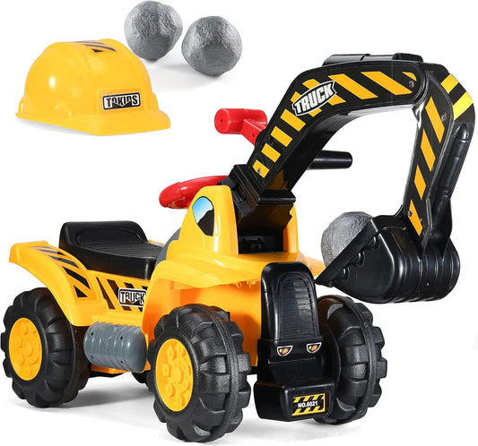 Toy Tractors for Kids Ride On Excavator - Music Sounds Digger Scooter Bulldozer Includes Helmet with Rocks - Pretend Play - Todd