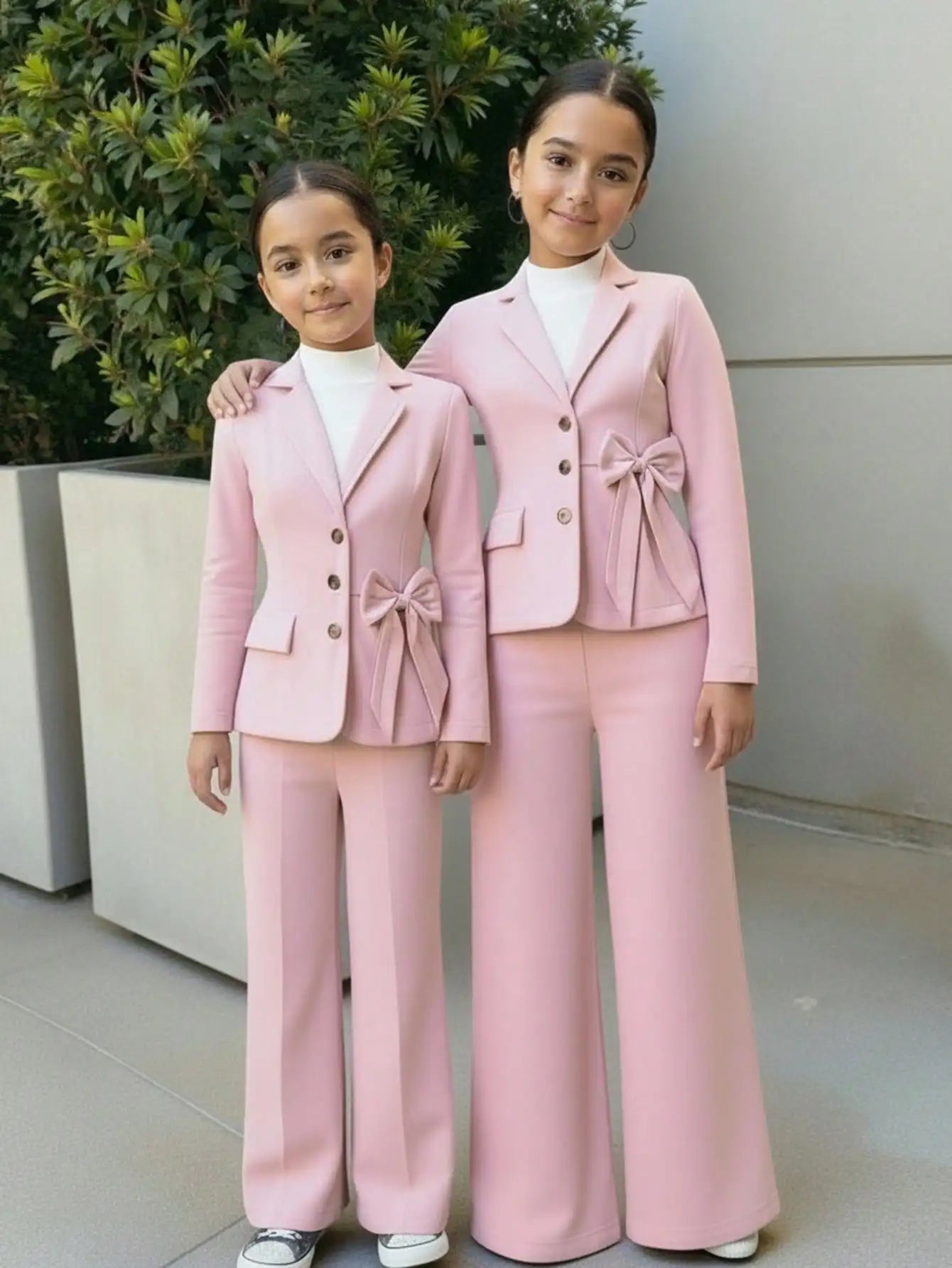 Pink Girls' Single-Breasted Blazer Set with Bow Detail, Wide-Leg Pants for Semi-Formal Occasions