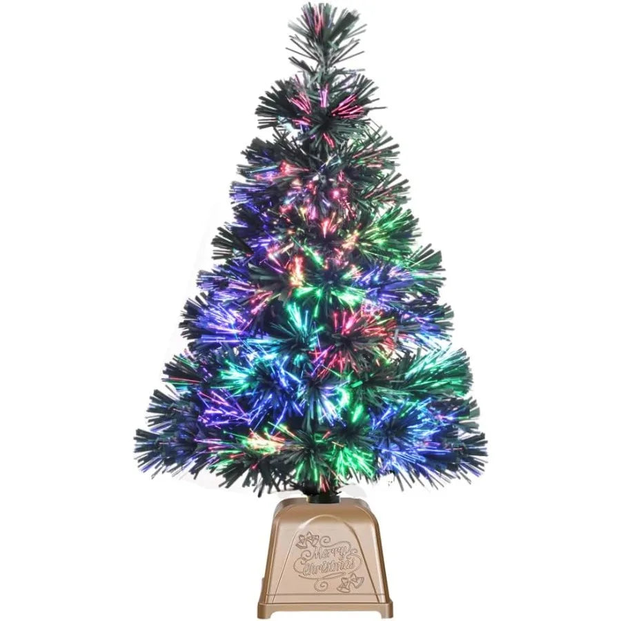 Prelit Mini Christmas Tree Tabletop Artificial Fiber Optic Christmas Trees with Gold Base 24 Inch Ideal for Holiday Decorations