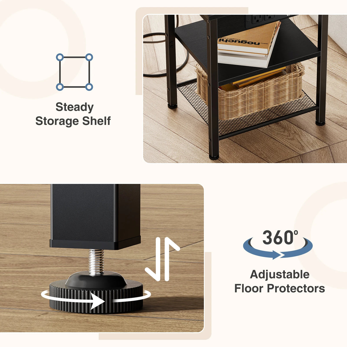 JHK 3 Tier Side Table Nightstand with Charging Station and USB Ports